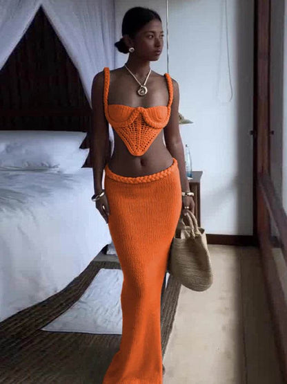 Weird Puss Crochet Shirring 2 Piece Set - Backless Top & Long Skirt - Buy Center UK