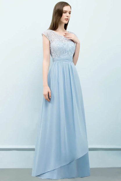 Elegant Light Blue Chiffon Bridesmaid Dress - Cap Sleeve & Lace - Buy Center UK