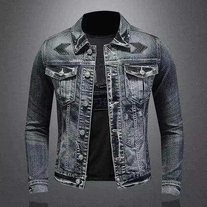 Trendy Stand Collar Zip-Up Denim Jacket for Men - Vintage Style - Buy Center UK