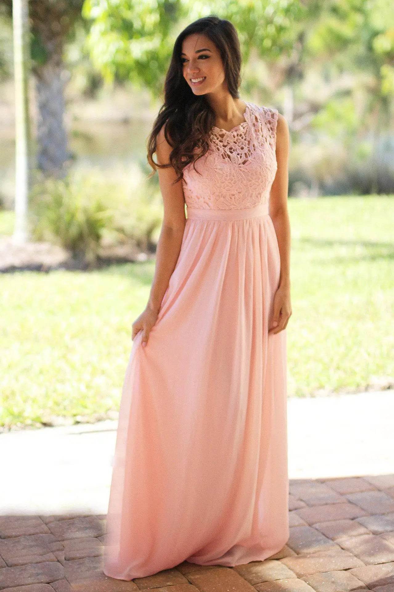 Elegant Pink Bridesmaid Dress - A-Line Lace Maxi Gown - Buy Center UK