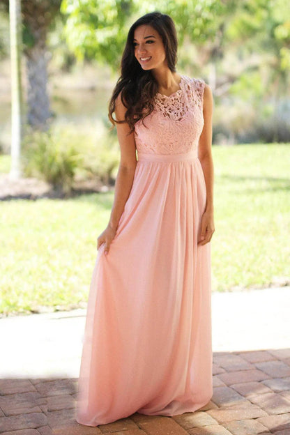 Elegant Pink Bridesmaid Dress - A-Line Lace Maxi Gown - Buy Center UK
