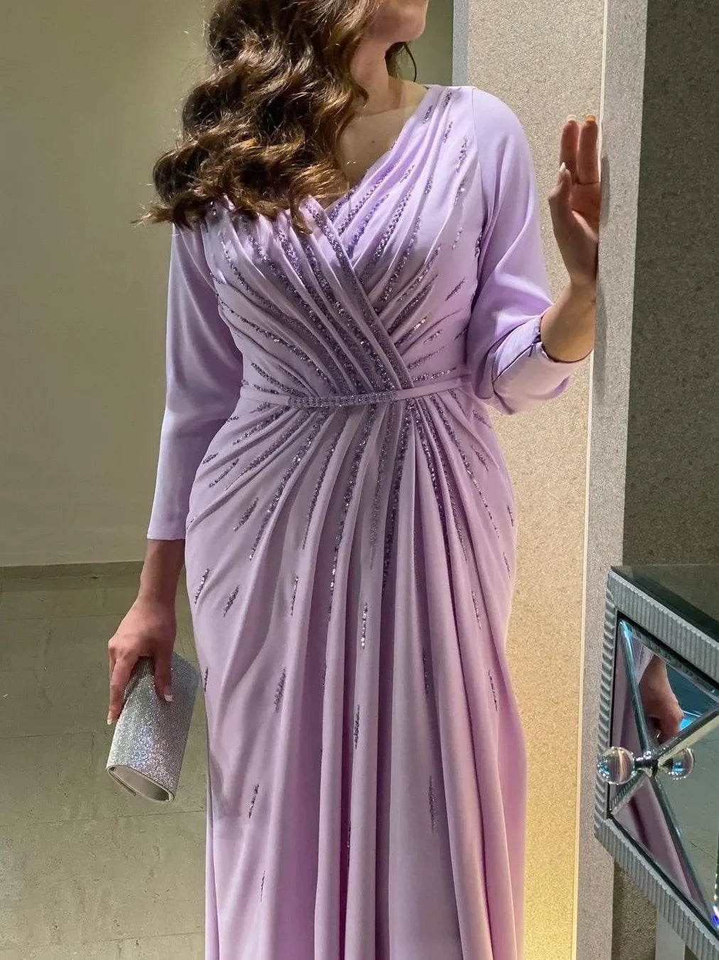 Oisslec Elegant Evening Gown - V-Neck Beaded Long Sleeve Dress - Buy Center UK