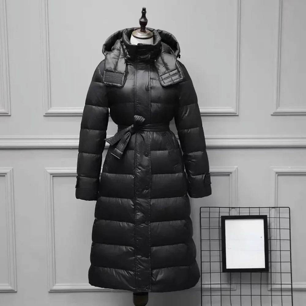 White Duck Down Jacket for Women - Slim Fit, Long Hooded Style - Buy Center UK