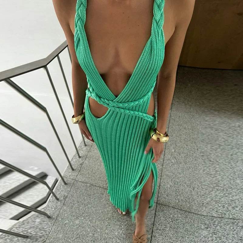 Buy Center Sexy Knit Backless Long Dress - Ribbed Hollow V-neck - Buy Center UK