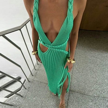Buy Center Sexy Knit Backless Long Dress - Ribbed Hollow V-neck - Buy Center UK