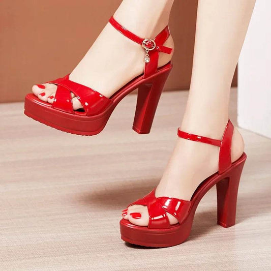 YanCloud Elegant Patent Leather Sandals - High Block Heels for Office - Buy Center UK