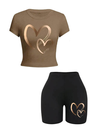 Buy Center Summer Women’s Slim-fit T-Shirt & Shorts Set - Hearts Pattern - Buy Center UK