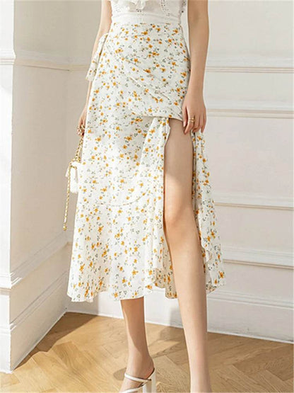 REALEFT Vintage Floral A-line Skirt - High Waist Midi Length - Buy Center UK