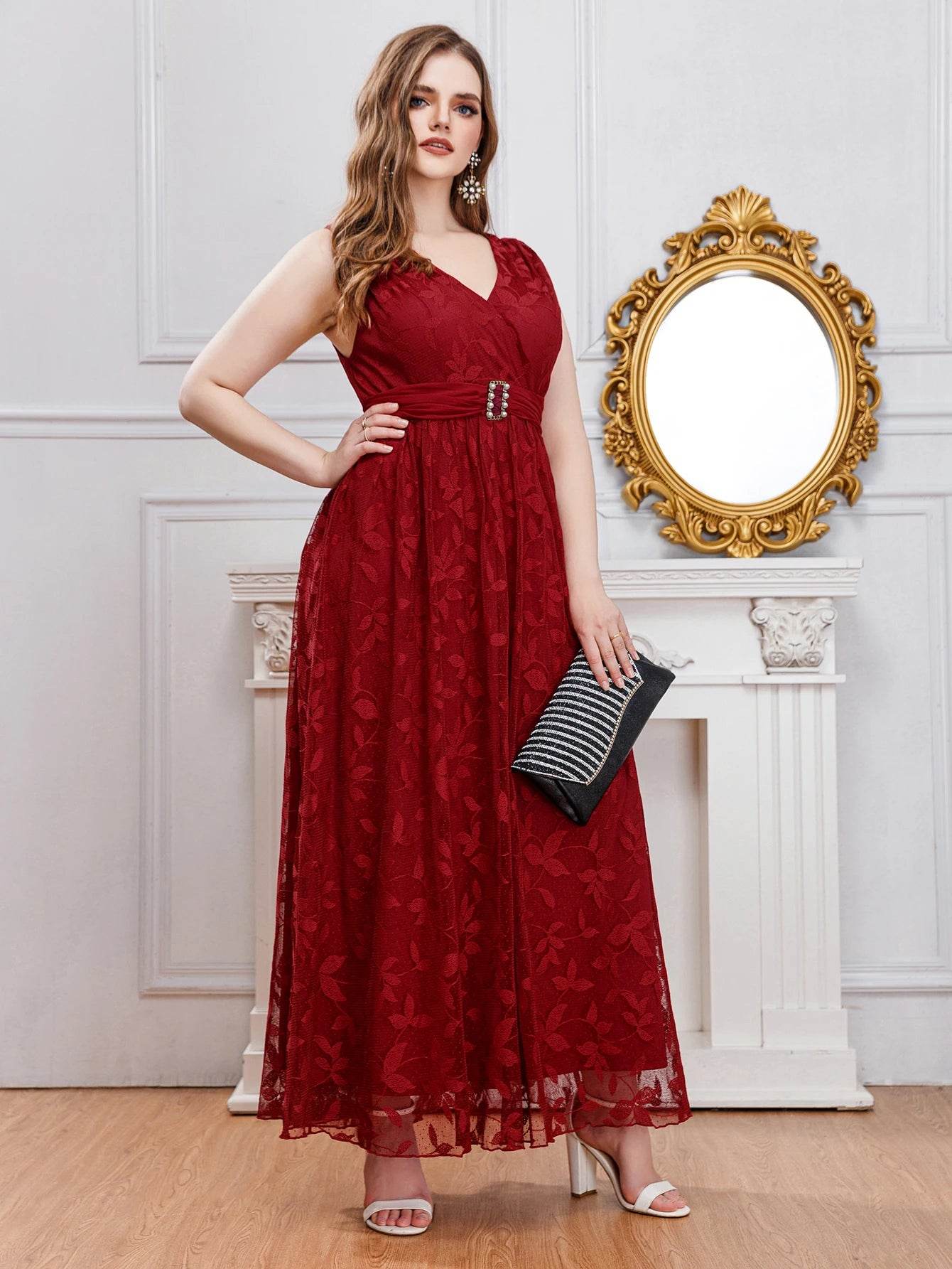 Wow! Plus Size V-Neck Lace Dress - Elegant Long Bridal Style - Buy Center UK