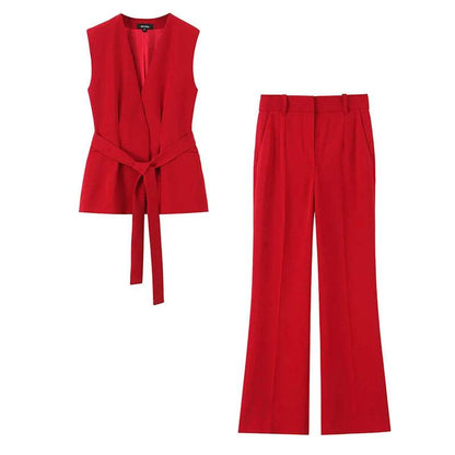 Willshela Women Fashion 2 Piece Set - Chic Red V-Neck Tank & Flare Pants - Buy Center UK