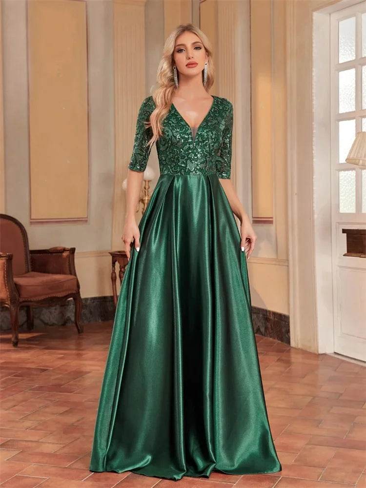 Luxury Green Satin V-Neck Evening Dress with Sequins for Women - Buy Center UK