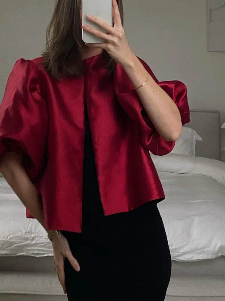 Buy Center Women's Solid Satin Blouse - Pouf Balloon Sleeves, Loose Fit - Buy Center UK