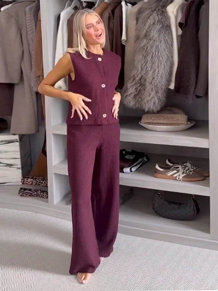 Elegant Burgundy Knitted Tank Top & Wide Leg Pants Set for Women - Buy Center UK
