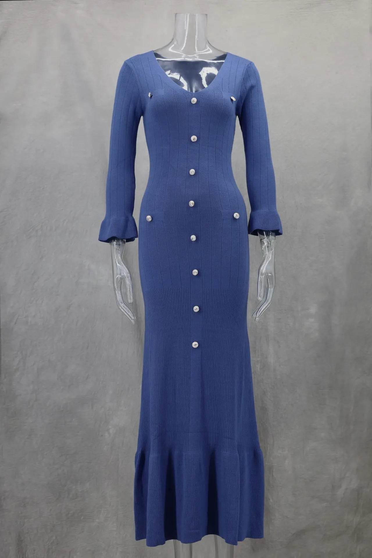 Elegant Knitted Long Dress for Women - V-Neck Flare Sleeve Style - Buy Center UK