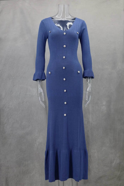 Elegant Knitted Long Dress for Women - V-Neck Flare Sleeve Style - Buy Center UK