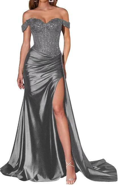 Navy Blue Strapless Satin Prom Dress – Elegant Split Evening Gown - Buy Center UK