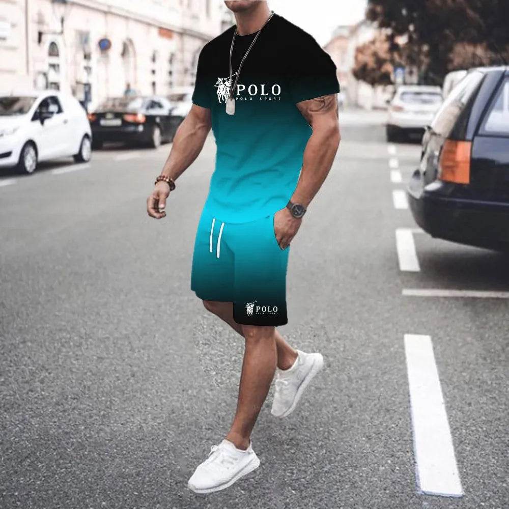 Trendy 3D Gradient Letter Print T-Shirt and Shorts Set for Men - Buy Center UK