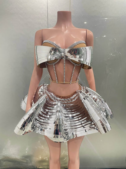 STOCK Silver Sequin Dress Set - Drag Queen Stage Performance Outfit - Buy Center UK
