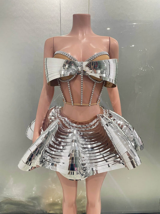 STOCK Silver Sequin Dress Set - Drag Queen Stage Performance Outfit - Buy Center UK