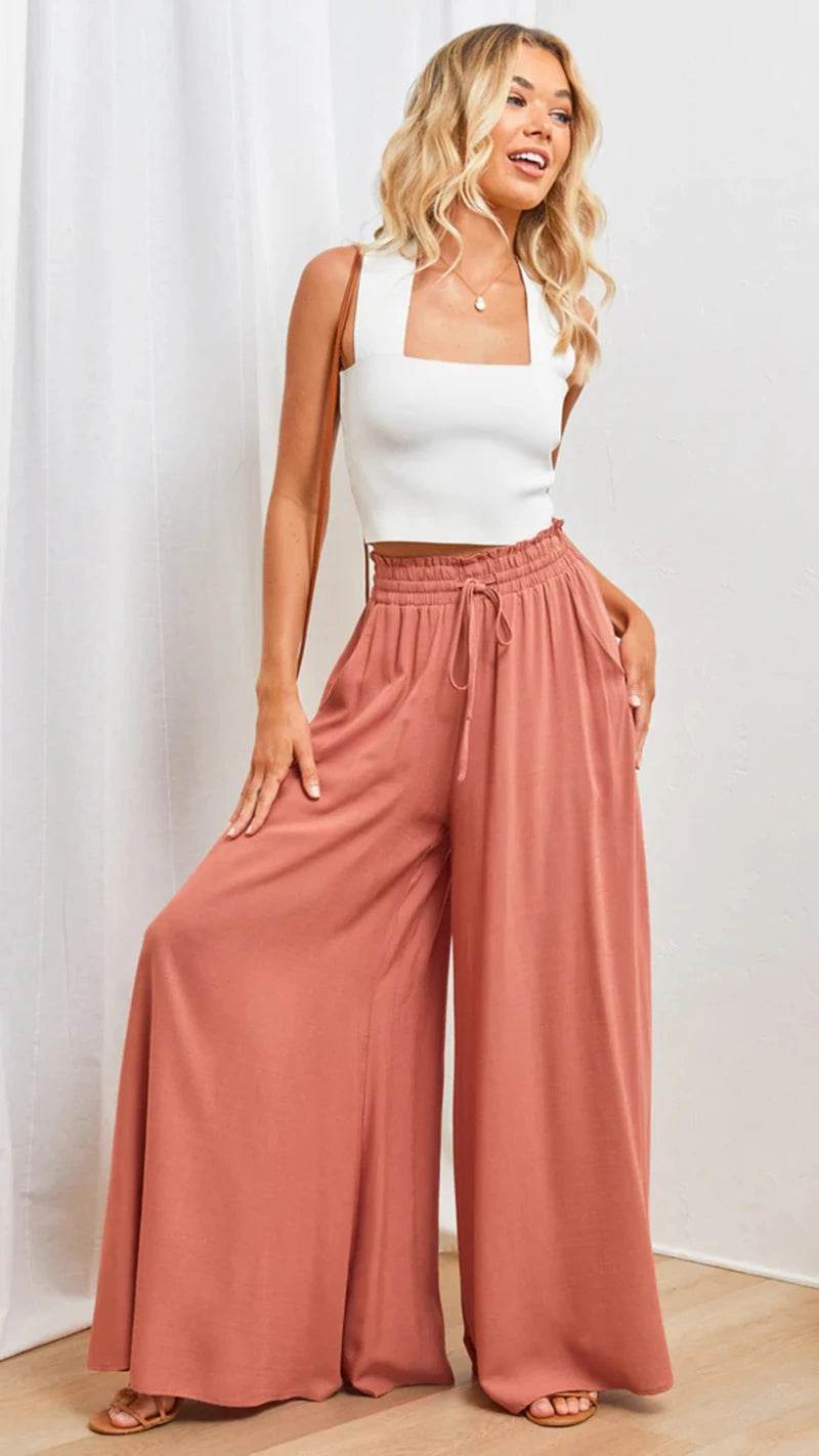 Buy Center Women's Summer Wide Leg Pants - Elastic Waist & Pockets - Buy Center UK