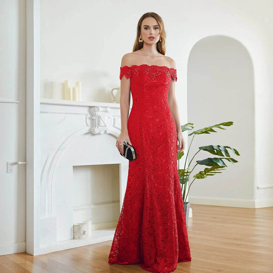 Charming Red Mermaid Bridesmaid Dress - Off-Shoulder Beading Lace - Buy Center UK