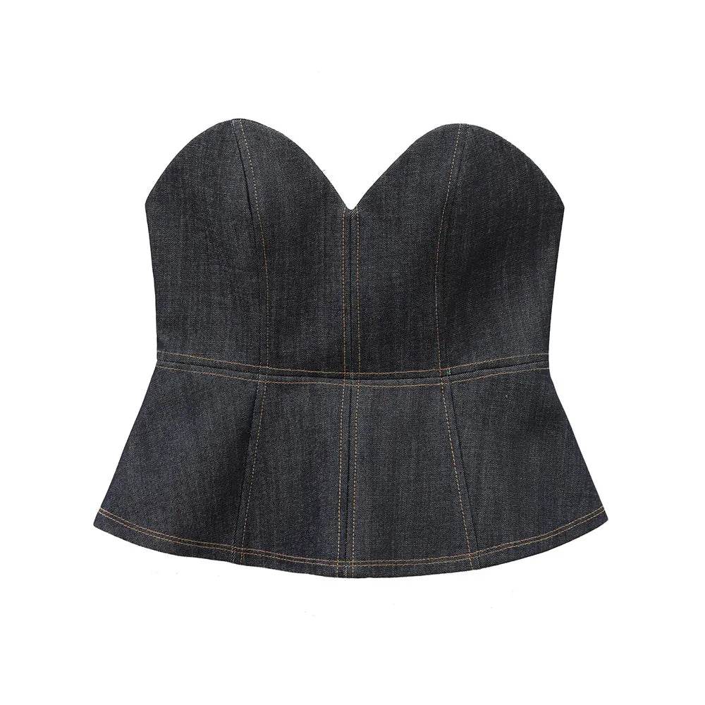 TRAFZA Women's Denim Pants Set - Elegant Blazer & Strapless Vest - Buy Center UK