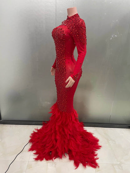 Buy Center Women’s Sparkling Red Long Dress - Feather & Transparent Elegance - Buy Center UK