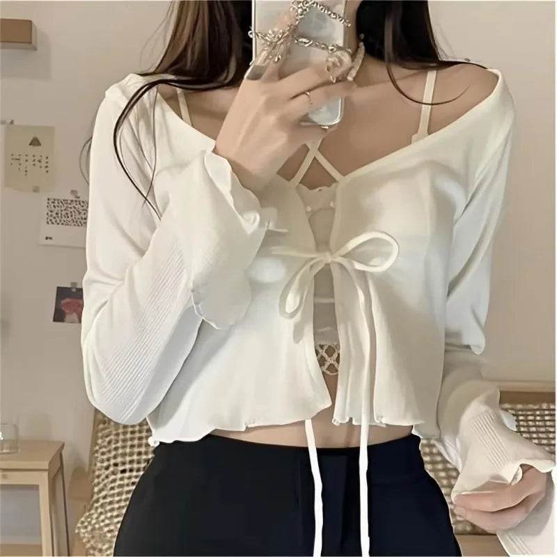 Buy Center White Knitted Cardigan - Flare Sleeves & Lace-Up Style - Buy Center UK