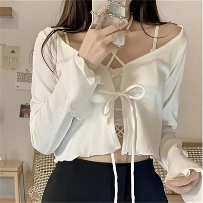 Buy Center White Knitted Cardigan - Flare Sleeves & Lace-Up Style - Buy Center UK
