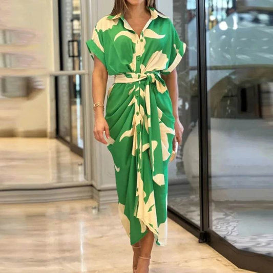 Buy Center Bohemia Shirt Print Dress - Loose Fit, Turn-Down Collar - Buy Center UK