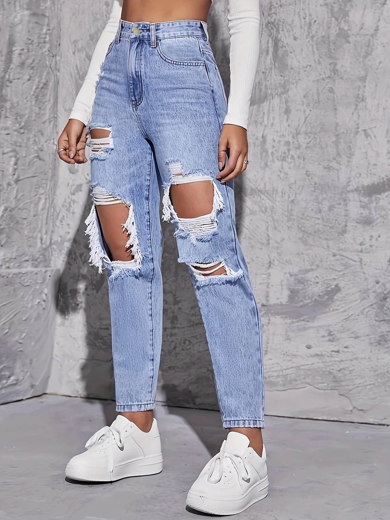 Buy Center High Waist Hole-Punched Jeans - Women’s Wide-Legged Style - Buy Center UK