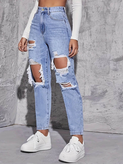 Buy Center High Waist Hole-Punched Jeans - Women’s Wide-Legged Style - Buy Center UK