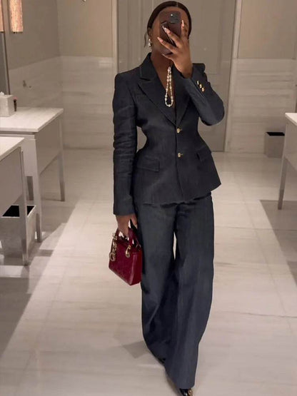 TRAFZA Women's Denim Pants Set - Elegant Blazer & Strapless Vest - Buy Center UK