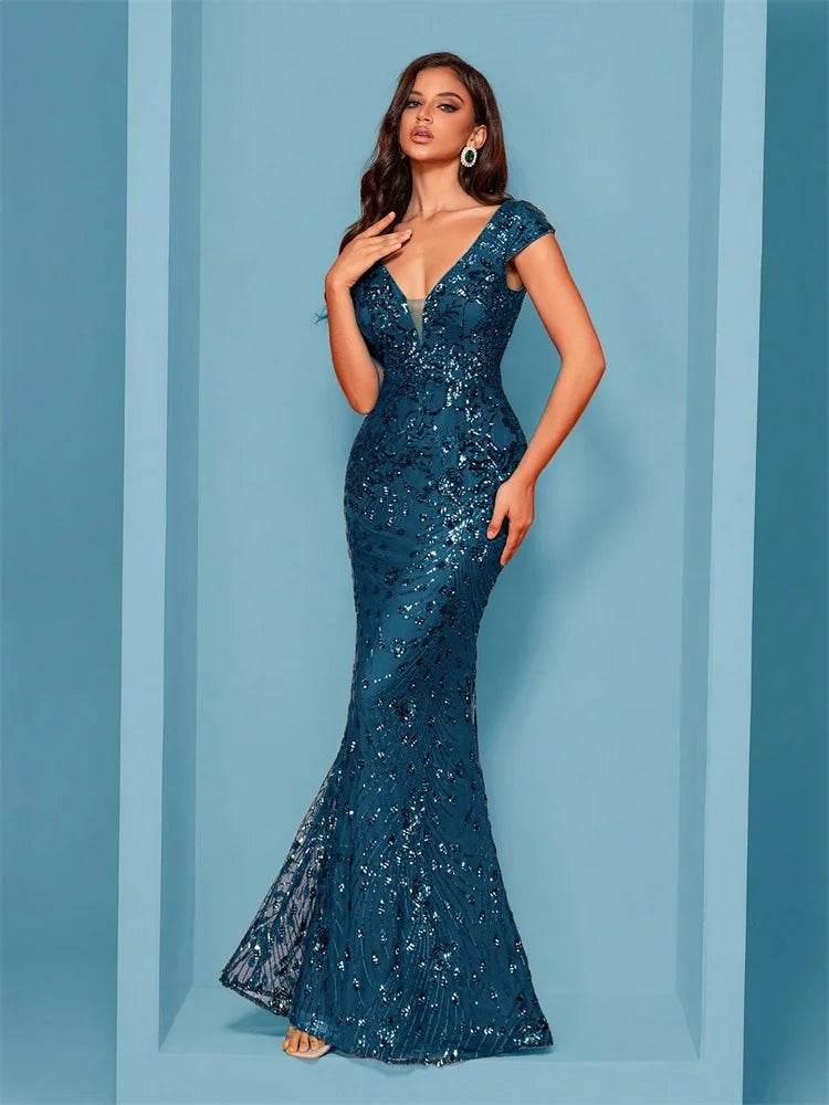 Elegant Blue Mermaid Evening Dress - Luxury Sequined Formal Gown - Buy Center UK