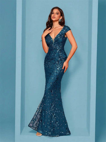 Elegant Blue Mermaid Evening Dress - Luxury Sequined Formal Gown - Buy Center UK