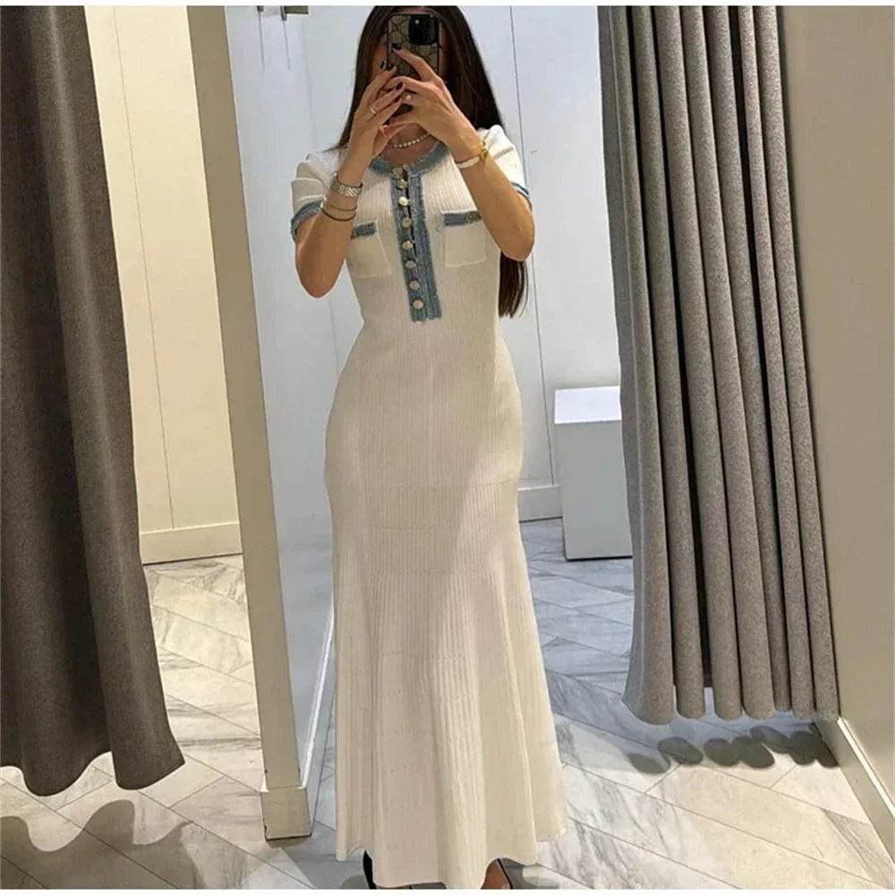 Buy Center Elegant Knit Maxi Dress - Chic O-neck with Metal Buttons - Buy Center UK