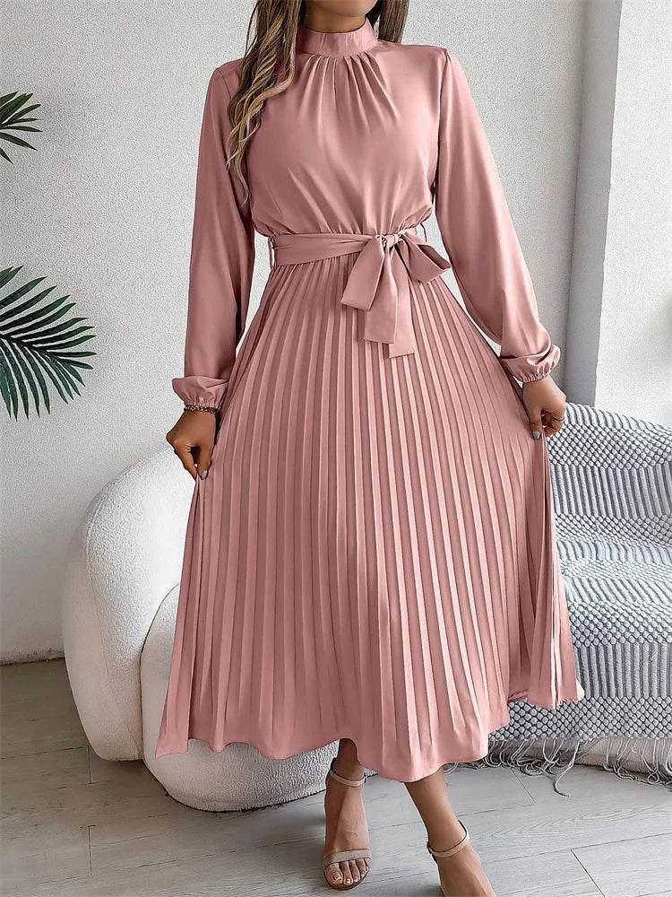 Msfilia Elegant Stand Collar Dress - Full Sleeve High Waist Design - Buy Center UK