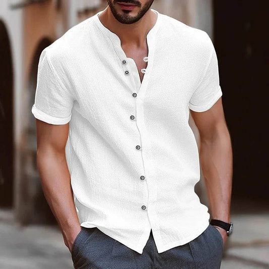 Buy Center Men's Short-Sleeved Cotton Hemp Shirt - Retro Solid Colors - Buy Center UK