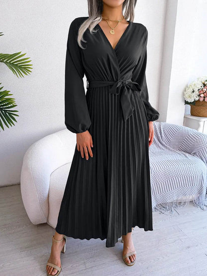 Buy Center Women’s Elegant V Neck Maxi Dress - Long Sleeve & Pleated - Buy Center UK
