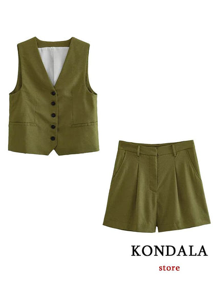 TRAFZA Casual Women Suits - V Neck Blazer & Wide Leg Shorts - Buy Center UK