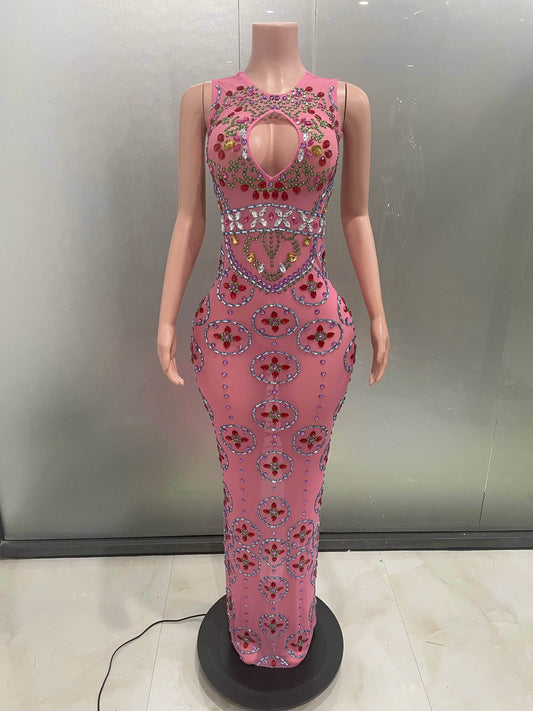 Sparkly Diamond Mesh Stretch Dress - Sexy V-Neck Evening Party Wear - Buy Center UK