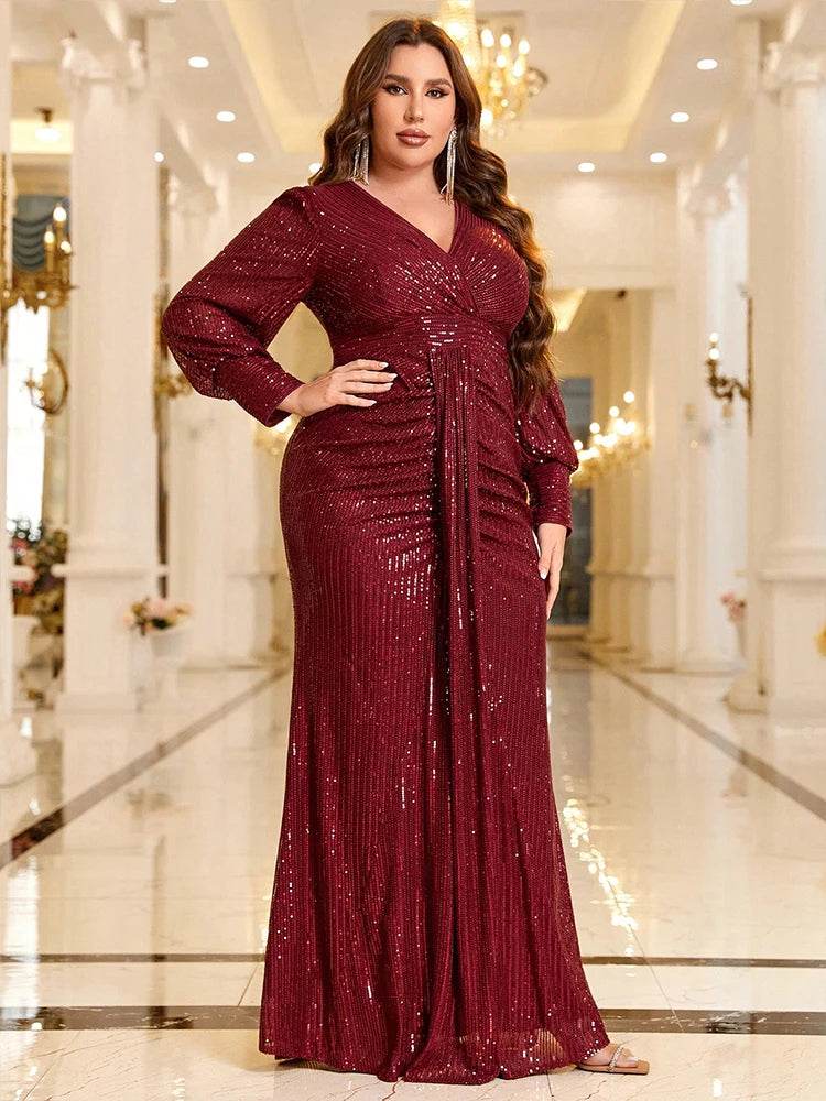 TOLEEN Plus Size Maxi Dress - Elegant V-Neck Sequin Evening Gown - Buy Center UK