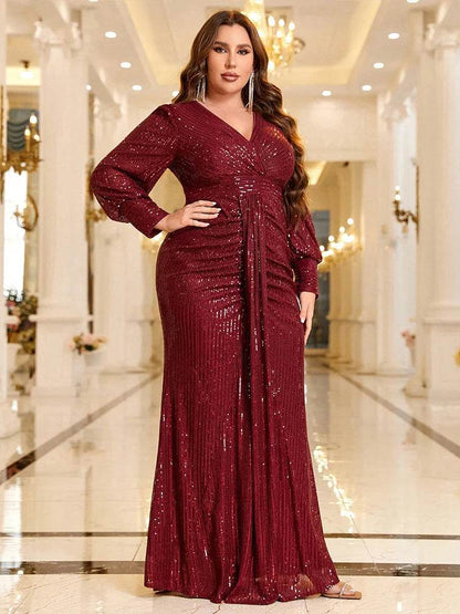 TOLEEN Plus Size Maxi Dress - Elegant V-Neck Sequin Evening Gown - Buy Center UK