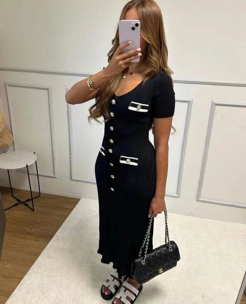 Elegant Knitted Maxi Dress - Bodycon Short Sleeve with Ruffles - Buy Center UK