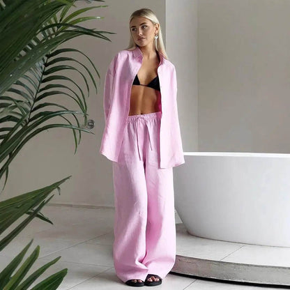 Buy Center Women's Casual Cotton Linen Pant Set - Chic Long Sleeve - Buy Center UK