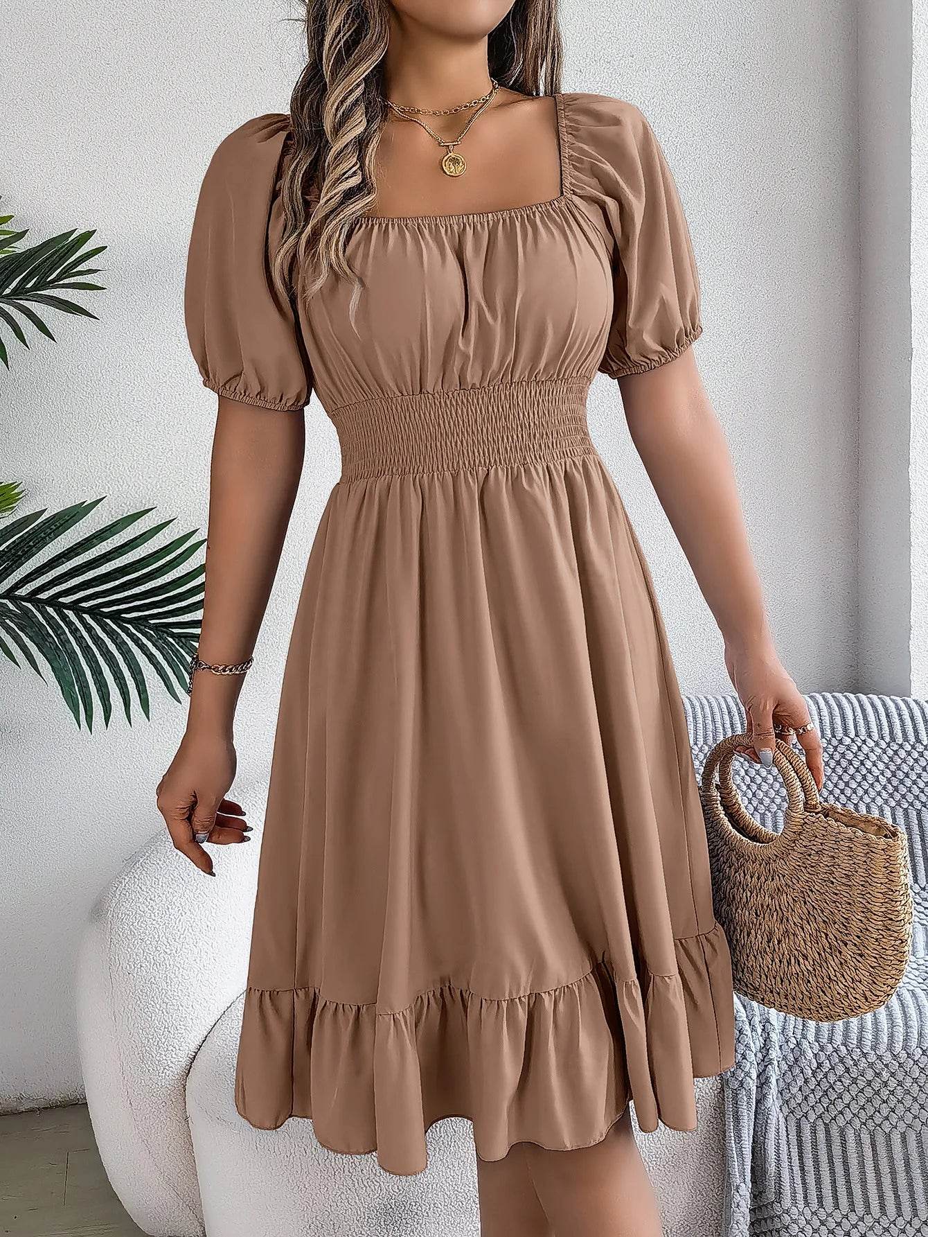 Women's Midi Dress 2024 - Elegant Square Neck and Ruffle Edge - Buy Center UK