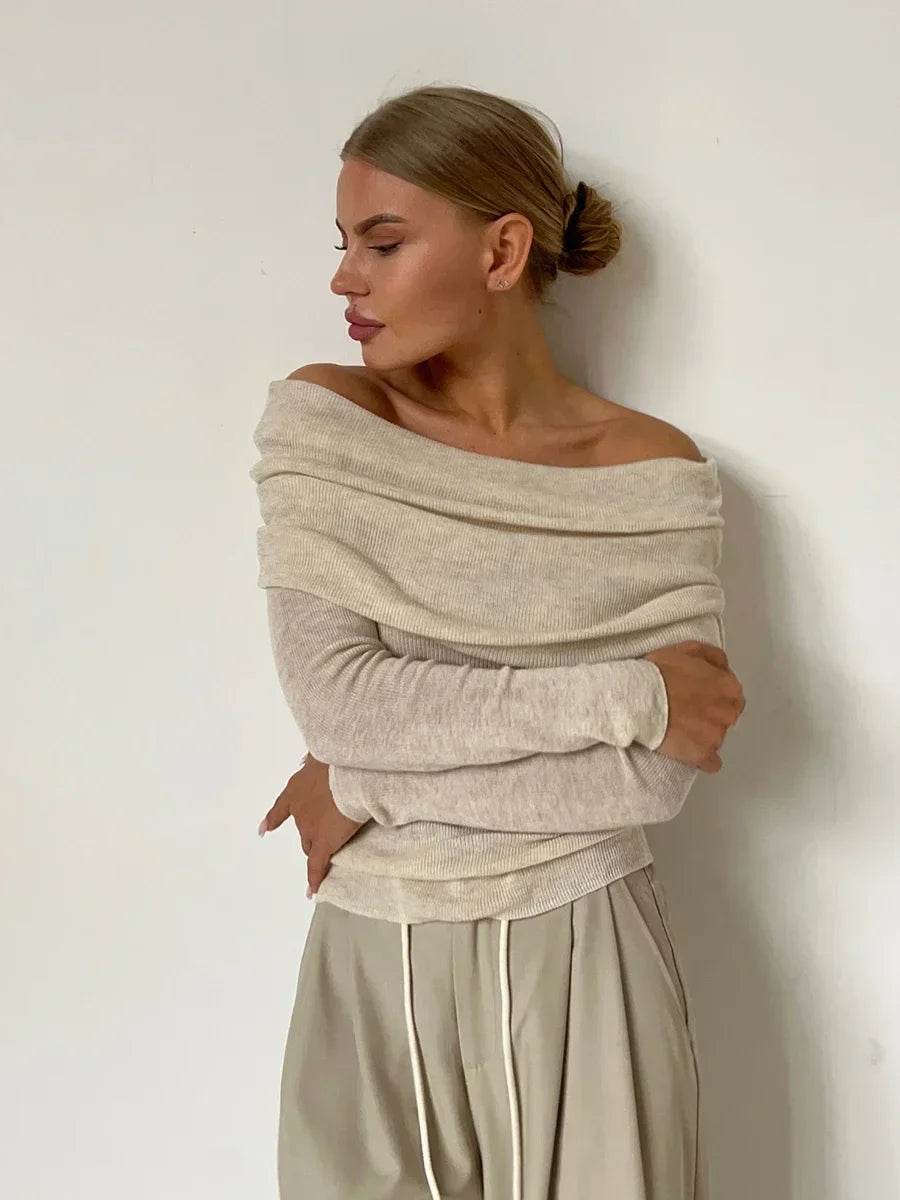 Wolfeel Women's Off Shoulder Wool T-shirt - Chic & Cozy Sweater - Buy Center UK