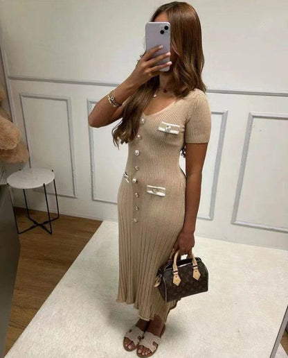 Elegant Knitted Maxi Dress - Bodycon Short Sleeve with Ruffles - Buy Center UK