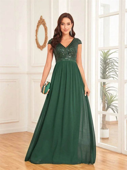 Elegant Chiffon Evening Dress - V-Neck Sequins Gown for Women - Buy Center UK