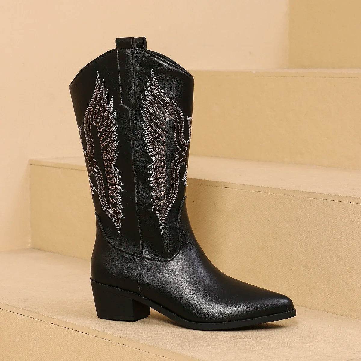 Buy Center Cowgirl High Knee Boots - Trendy Wedge Heels, Embroidery - Buy Center UK
